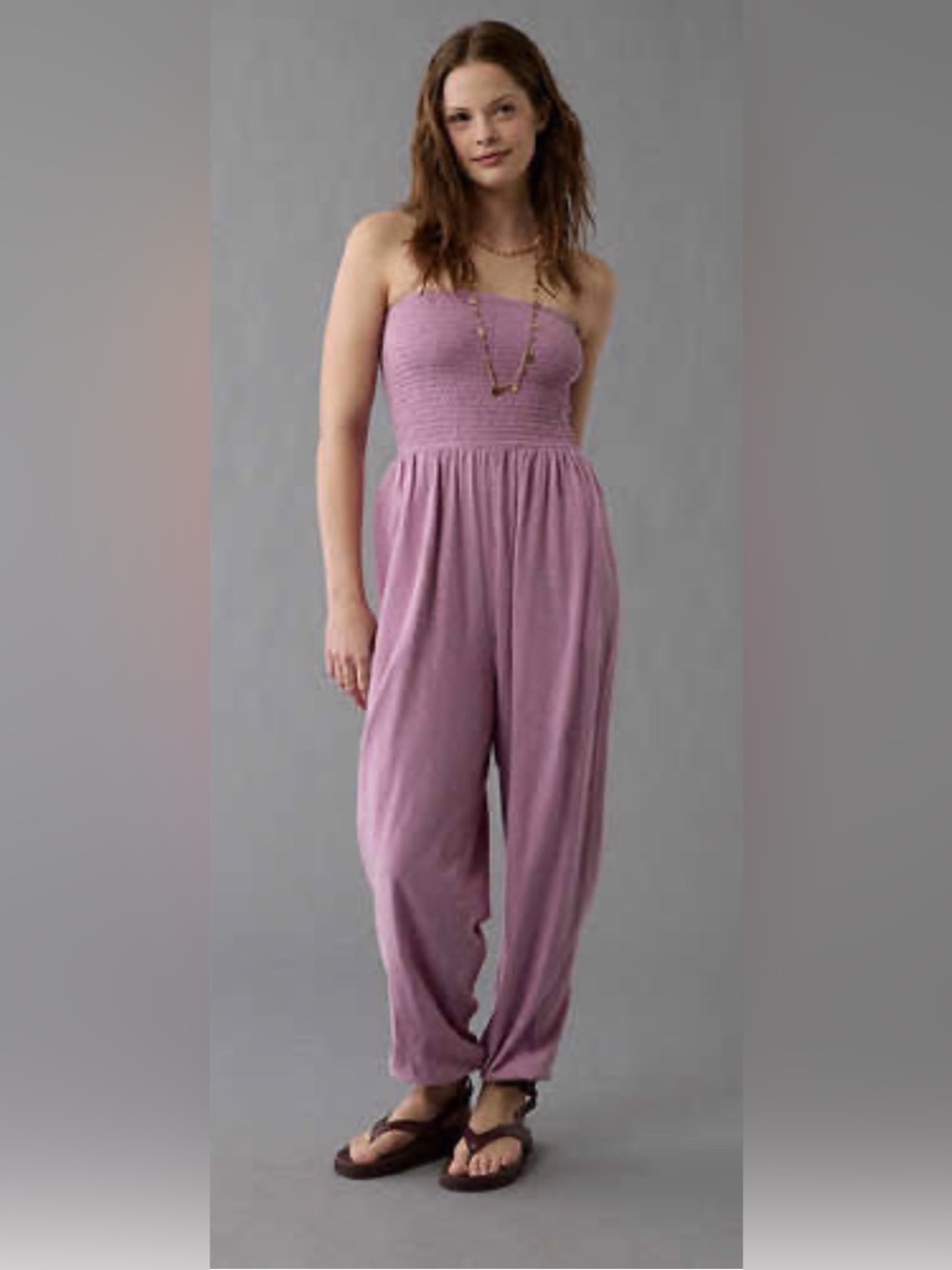 American Eagle Outfitters Sunchaser Knit Smocked Tube Jumpsuit in Dusty Rose